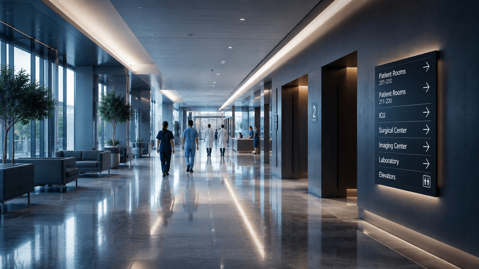 Modern hospital corridor powered by Cordelia's connected care network