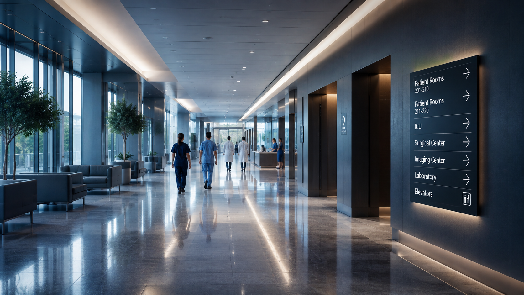 Modern hospital corridor powered by Cordelia's connected care network